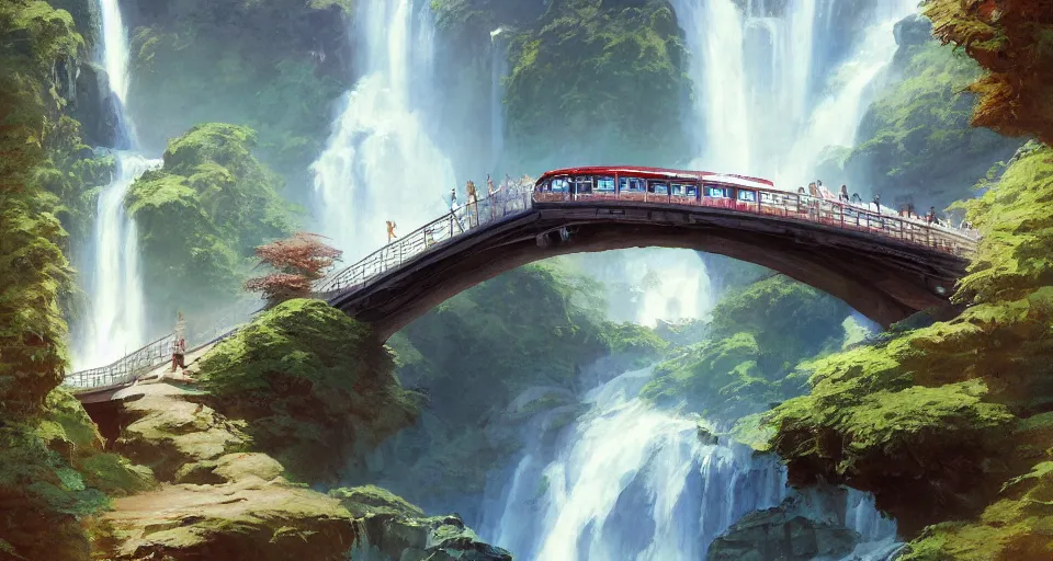 Prompt: A beautiful digital painting of train bridge, waterfall, lovely valley by Stanley Artgerm Lau, frank frazetta, Rossdraws, James Jean, gerald brom, Andrei Riabovitchev, Marc Simonetti, and Sakimichan, trending on artstation