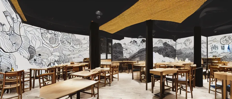 Prompt: a beautiful interior view illustration of a small roasted string hotpot restaurant in yan'an city, restaurant wall paper is a tower on a mountain, rectangle white porcelain table, people are eating, black chair, animation illustrative style, from china, simple style structure decoration design, victo ngai, james jean, 4 k hd