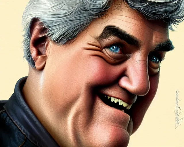 Prompt: close up of jay leno, focus, d & d, intricate, elegant, highly detailed, digital painting, artstation, concept art, matte, sharp focus, illustration, hearthstone, art by artgerm and greg rutkowski and alphonse mucha