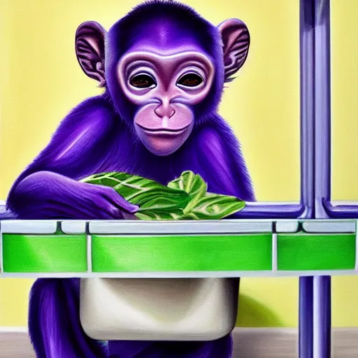 Image similar to beautiful detailed photorealistic painting of a purple monkey dishwasher