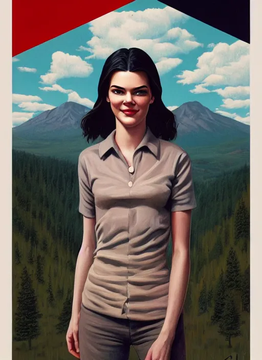 Image similar to twin peaks movie poster art, portrait of a smiling kendall jenner, from scene from twin peaks, clean, simple illustration, nostalgic, domestic, highly detailed, digital painting, artstation, concept art, smooth, sharp focus, illustration, artgerm, donato giancola, joseph christian leyendecker, wlop