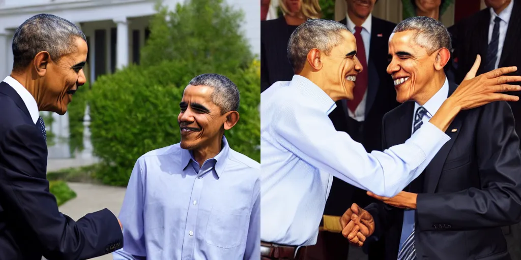 Prompt: barack obama meeting steve from minecraft, award winning photo, 4k