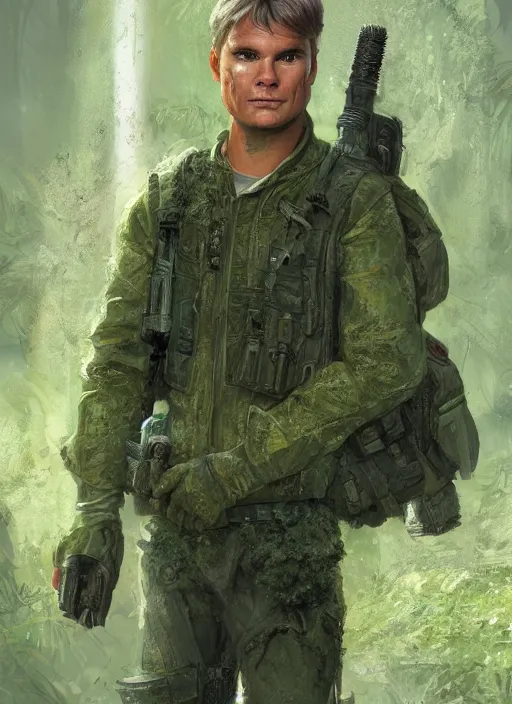 Image similar to portrait of a young richard dean anderson wearing a green combat uniform, in a post apocalyptic city overgrown by plants, by wlop, book cover illustration, concept art, volumetric lighting, volumetric atmosphere, sharp focus, octane render, trending on artstation, 8 k