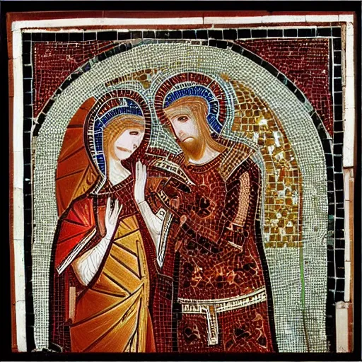 Prompt: intricate love story, byzantine mosaics art