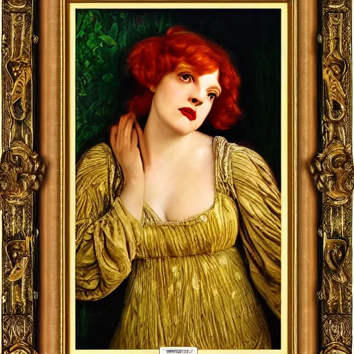 Prompt: preraphaelite portrait photography masterpiece hybrid of judy garland and florence welch, reclining, william holman hunt, ford madox brown, brown hair fringe, yellow ochre ornate medieval dress, william morris, framed 4 k