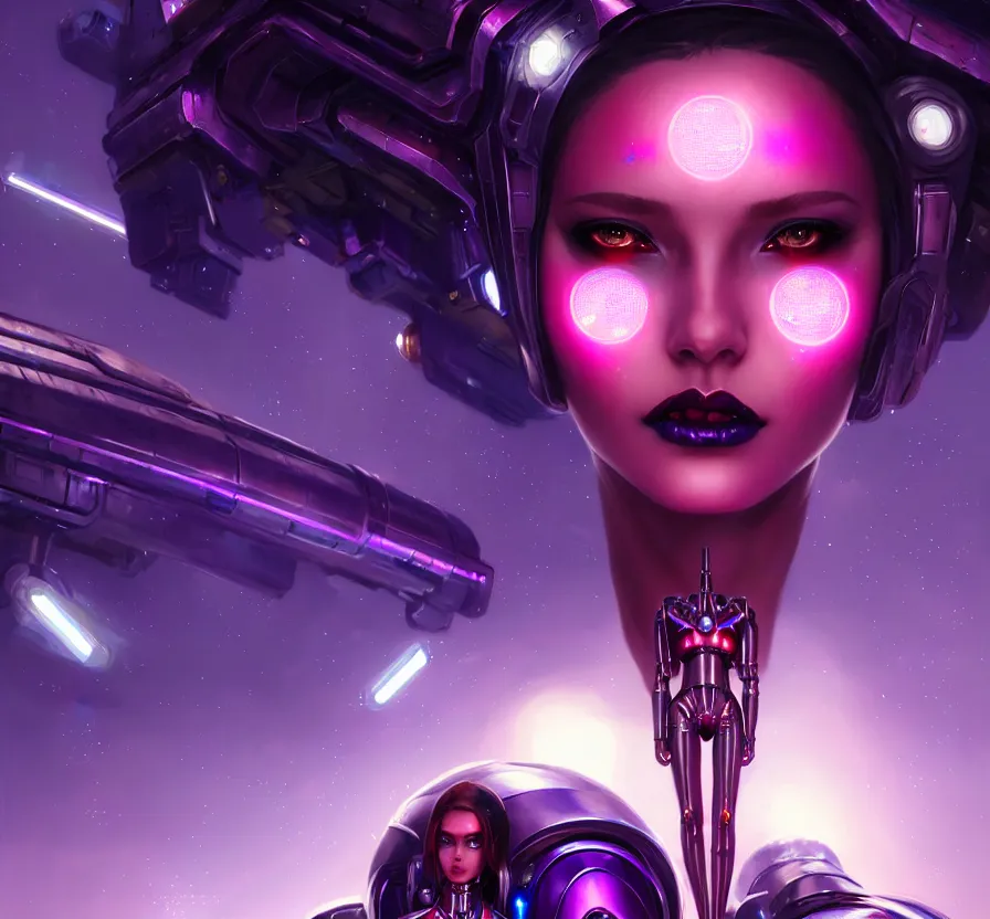 Image similar to cyber female with purple mechanic eyes and red lips and metallic skin, face, sci - fi, metal, constellation cyberpunk city on background, breathtaking stars, elegant, highly detailed, digital painting, artstation, concept art, smooth, sharp focus, spiritual art, art by artgerm and greg rutkowski and alphonse mucha, psychedelic, illustration,