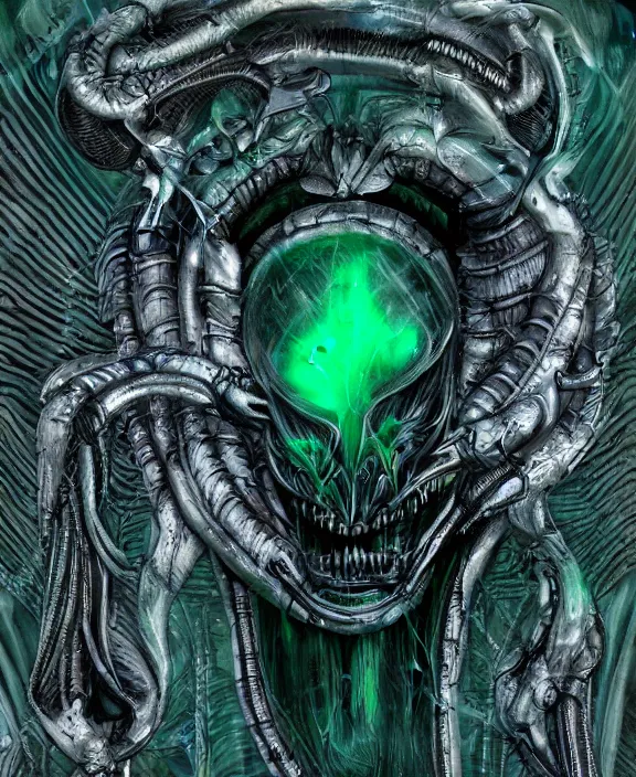 Prompt: xenomorph borg queen goth supermodel skull eyes hybrid, dragon eggs, dark emerald mist colors, giger background liminal void, cinematic lighting, realistic, award winning photograph, various refining methods, micro macro autofocus