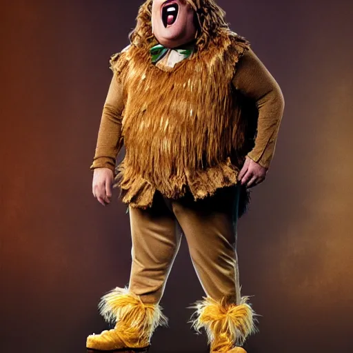 Image similar to snl chris farley as the cowardly lion of oz, studio poster photography, trending on artstation, featured on deviantart, award winning costume