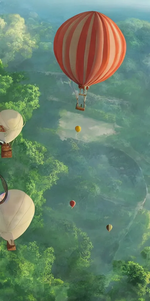 Image similar to An aerial tennis court, suspended by a giant tennis ball-shaped hot air balloon, Castle in the Sky style, by Miyazaki Hayao