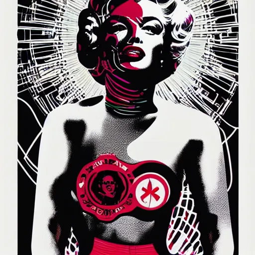 Image similar to Illustrated by Shepard Fairey and H.R. Geiger | Cyberpunk Marilyn Monroe with VR helmet, surrounded by cables