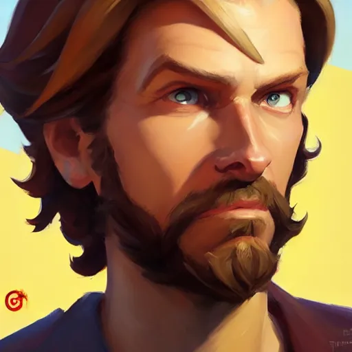 Prompt: Greg Manchess portrait painting o Guybrush Threpwood as Overwatch character, medium shot, asymmetrical, profile picture, Organic Painting, sunny day, Matte Painting, bold shapes, hard edges, street art, trending on artstation, by Huang Guangjian and Gil Elvgren and Sachin Teng