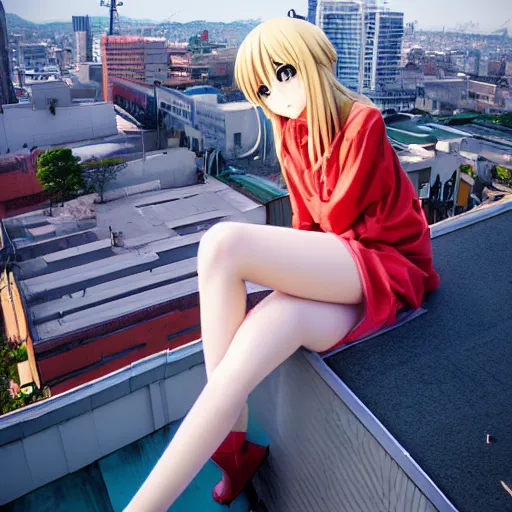 Prompt: giant 50 foot tall anime girl sitting on a building by wlop
