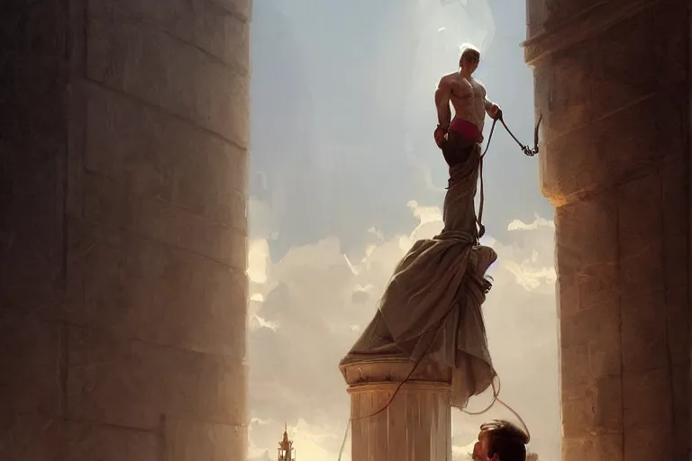 Image similar to a man tied to a pillar by jack russel terrier, highly detailed, hyperrealistic digital painting, artstation, concept art, smooth, sharp focus, illustration, cinematic lighting, art by artgerm and greg rutkowski and alphonse mucha