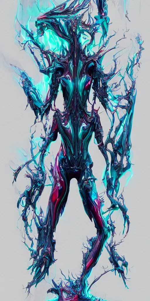 Prompt: symmetrical demon liquid surface form fused with human form fashion outfit concept design, rainbow iridescent accents, full body frontal view, Peter mohrbacher, zaha hadid, tsutomu nihei, emil melmoth, zdzislaw belsinki, Craig Mullins, yoji shinkawa, trending on artstation, beautifully lit, hyper detailed, insane details, intricate, elite, ornate, elegant, luxury, dramatic lighting, CGsociety, hypermaximalist, golden ratio, octane render, weta digital, micro details, ray trace, 8k,