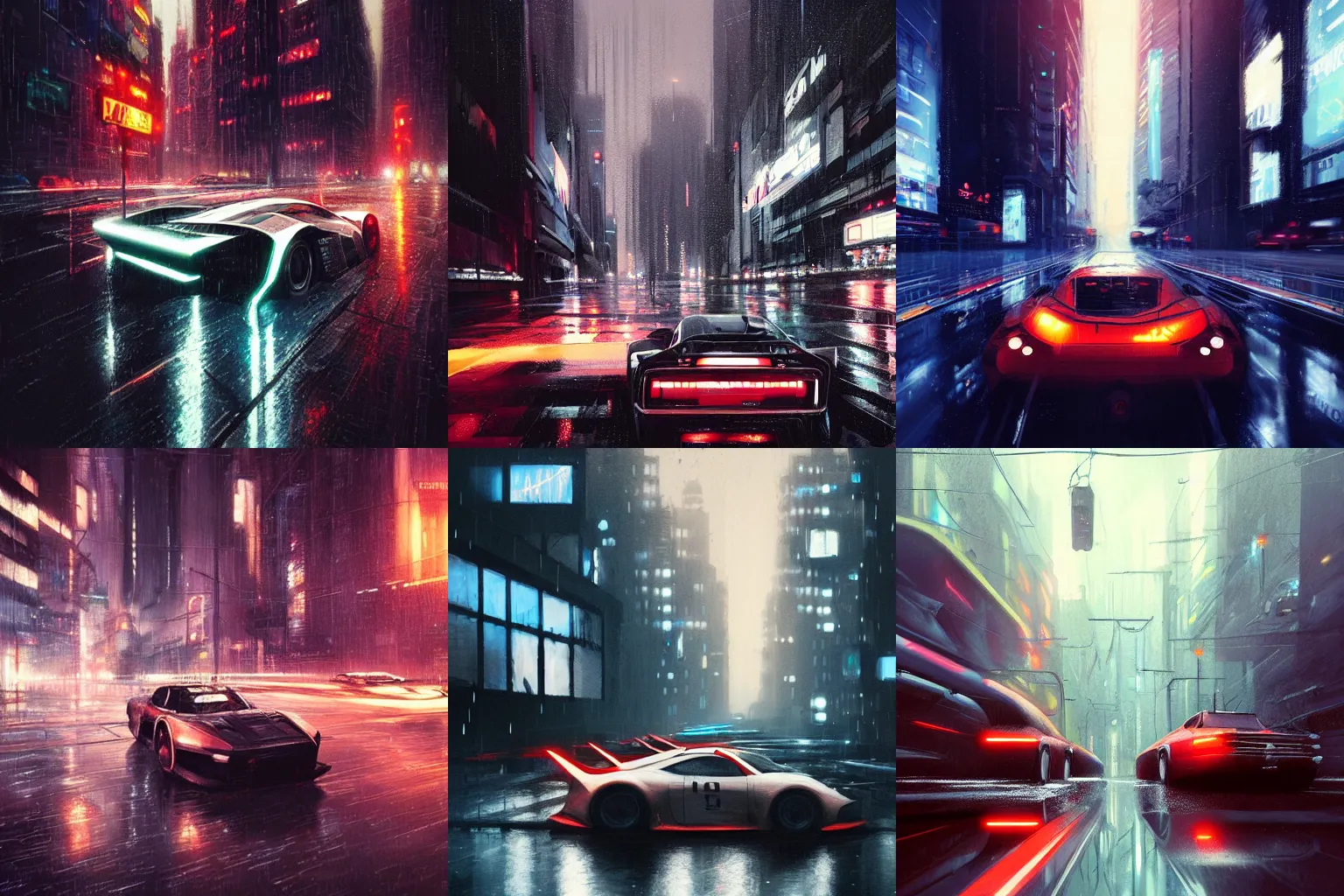 Prompt: racecar, rainy cyberpunk city, reflections, nights, 6 point perspective, by greg rutkowski, trending on artstation