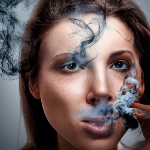 Prompt: photo portrait of a woman's face turing into smoke