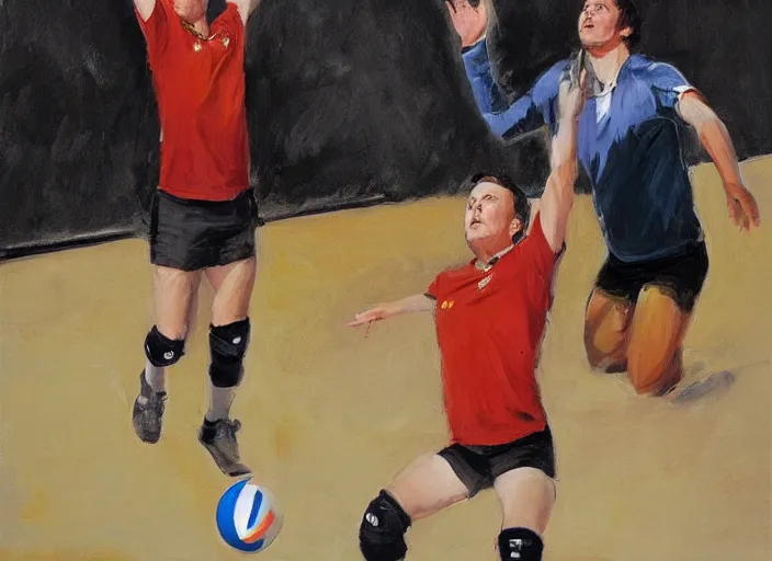 Image similar to a highly detailed beautiful portrait of elon musk playing voleyball, by gregory manchess, james gurney, james jean