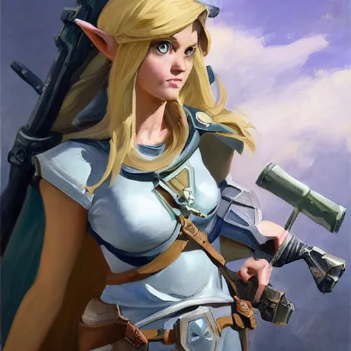 Prompt: greg manchess portrait painting of partially armored female link from legend of zelda as overwatch character, medium shot, asymmetrical, profile picture, organic painting, sunny day, matte painting, bold shapes, hard edges, street art, trending on artstation, by huang guangjian and gil elvgren and sachin teng