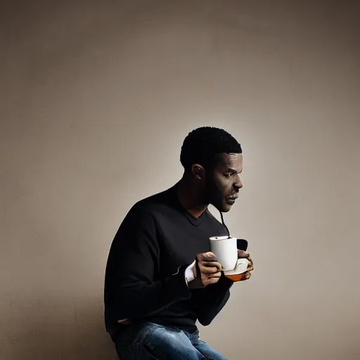 Image similar to a black man drinking a coffee, ( sony a 7 r iv, symmetric balance, polarizing filter, photolab, lightroom, 4 k, dolby vision, photography award, picturesque ) warm lighting, 2 7 0 0 k,