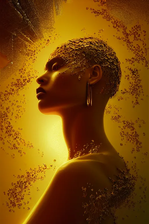 Prompt: 3 d, close - up, fashion model, liquid gold, morning, sun rays, vogue cover style, poster art, hyper detail, intricate oil painting, multiple exposure, heaven mood, 3 d, by tooth wu and wlop and beeple and greg rutkowski