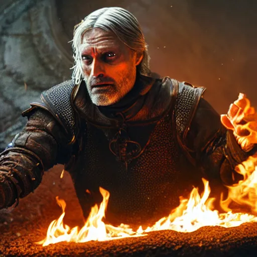 Image similar to mads mikkelsen as gerald the witcher doing igni, fire, concept art, high definition, professional photography, 8 k