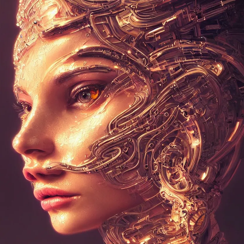 Image similar to a highly detailed photo of very intricate female face portrait, futurism, rococo cyber neon lighting, detailed futuristic fibonacci jewelry, profile posing, hyper photorealistic, crispy quality, digital photography, trending in pinterest, cinematic, 4 k ultra hd, art by pascal blanche, art by greg rutkowski, art by artgerm,