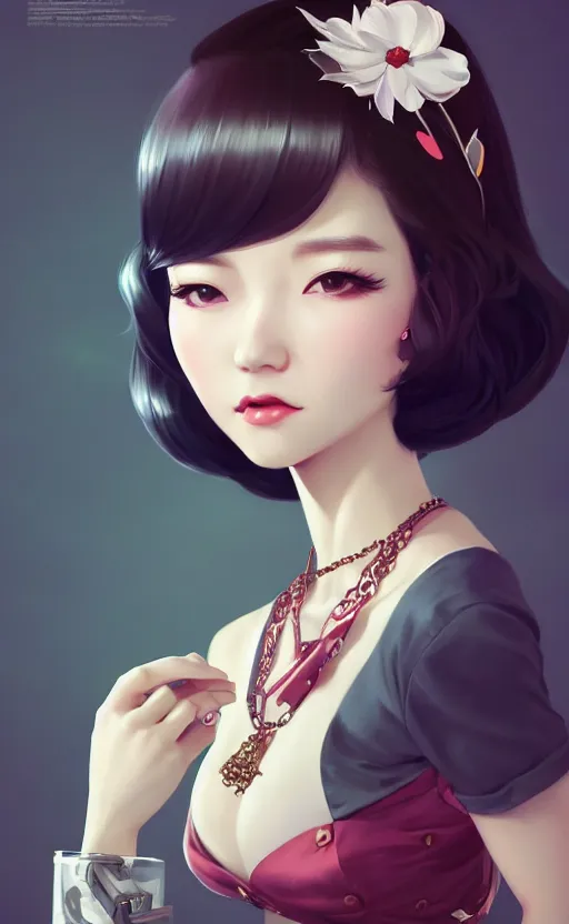 Image similar to a pin up and beautiful fashion charming dreamlke korea girl with lv jewelry, character art, art by artgerm lau and kyoung hwan kim and and ilya kuvshinov and john singer sargent, hyperdetailed, 8 k realistic, symmetrical, frostbite 3 engine, cryengine, dof, trending on artstation, digital art