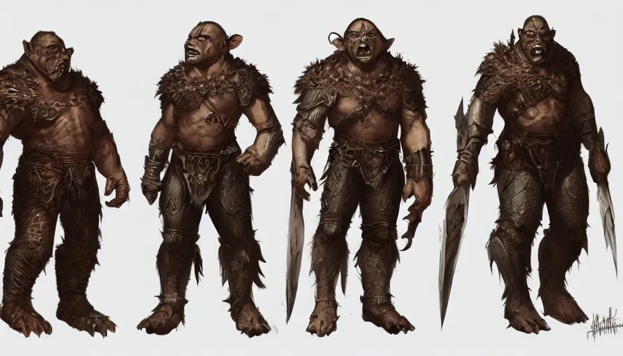 Image similar to three different views of orcs in armour, intricate beautiful concept art by senior character artist, trending on artstation, artstation hd, full body