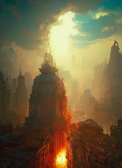 Prompt: manila philippines burning, stephen bliss, unreal engine, fantasy art by greg rutkowski, loish, rhads, ferdinand knab, makoto shinkai and lois van baarle, ilya kuvshinov, rossdraws, tom bagshaw, alphonse mucha, global illumination, radiant light, detailed and intricate environment