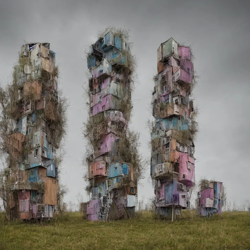Prompt: two organic looking towers, made up of makeshift squatter shacks with pastel colours, cloudy, dystopia, hasselblad x 1 d, fully frontal view, very detailed, photographed by jeanette hagglund