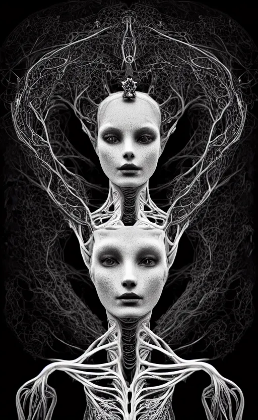 Image similar to dark background, a black and white high quality dreamy photo of a young beautiful female queen-vegetal-dragon-cyborg bust with a very long neck and delicate Mandelbrot fractal face, anatomical, facial muscles, veins, arteries, elegant, highly detailed, flesh highly baroque ornate, hair are curled wired cables, elegant, poetic, dreamy, mysterious, high fashion, rim light, in the style of Ellen von Unwerth, Realistic, Refined, Digital Art, Highly Detailed, Cinematic Lighting, rim light, black and white, photo-realistic, 8K