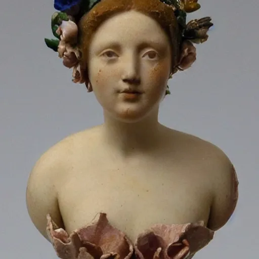 Image similar to a portrait of a beautiful woman sanitatem flores h 3 1 w 1 8 d 2 5 cm glazed stoneware, fragments 1 9 th century flower encrusted porcelain, like billie bond