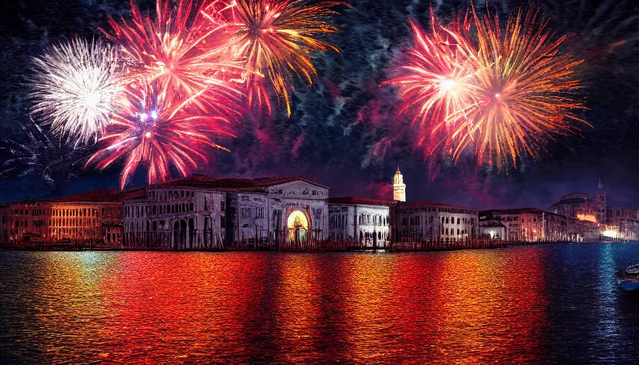 Prompt: Digital painting of fireworks in Venice by night, wide view, volumetric light, hyperdetailed, artstation, cgsociety, 8k