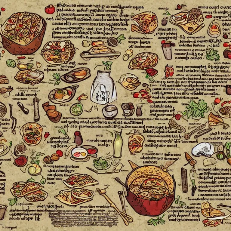 Prompt: middle age illustrated recipe for tacos ( ( ( ( a delicious tacos ) ) ) ) lot of medieval enluminures in the background explaining the recipe, schematic in a notebook