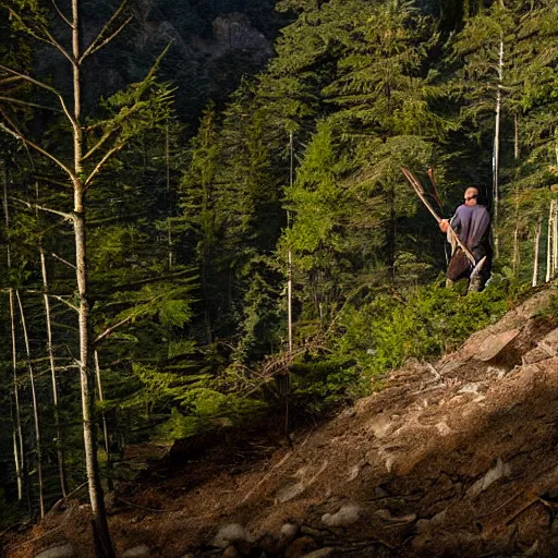 Image similar to man hunting for quartz on a steep hillside covered by dense trees with shafts of light. photo realistic.