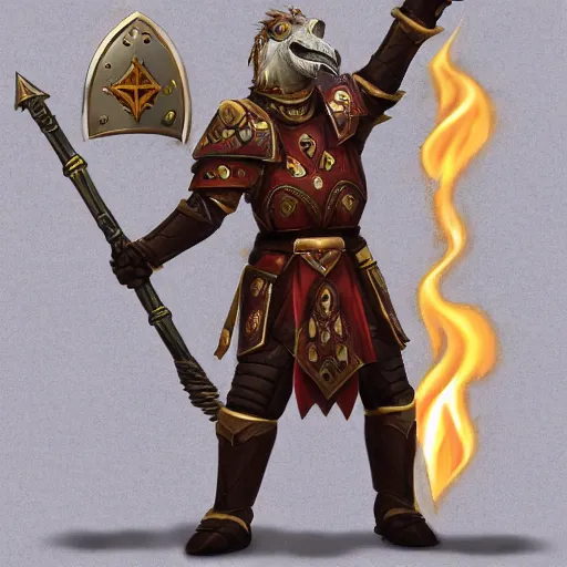 Image similar to holy paladin wearing full plate armor holding a monkey crest shield and holding flame tongue sword and riding a velociraptor, concept fantasy, dnd