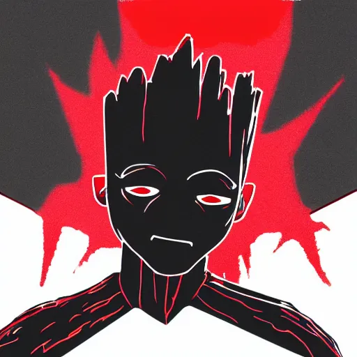 Image similar to baby groot and random japanese words with red and black colors as scarlxrd album cover