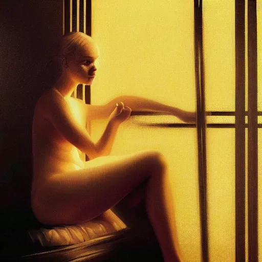 Image similar to silhouette of a Elle Fanning gazing in a mirror, pitch black room, extremely detailed realist masterpiece, oil on canvas, low-key neon lighting, artstation, Blade Runner 2049, Roger Deakin’s cinematography, by J. C. Leyendecker and Adam Miller,