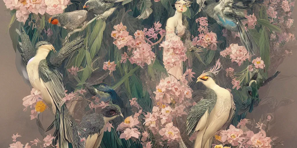 Image similar to breathtaking detailed concept art painting art deco pattern of birds goddesses amalmation flowers with blend of flowers and birds, by hsiao - ron cheng and john james audubon, bizarre compositions, exquisite detail, extremely moody lighting, 8 k