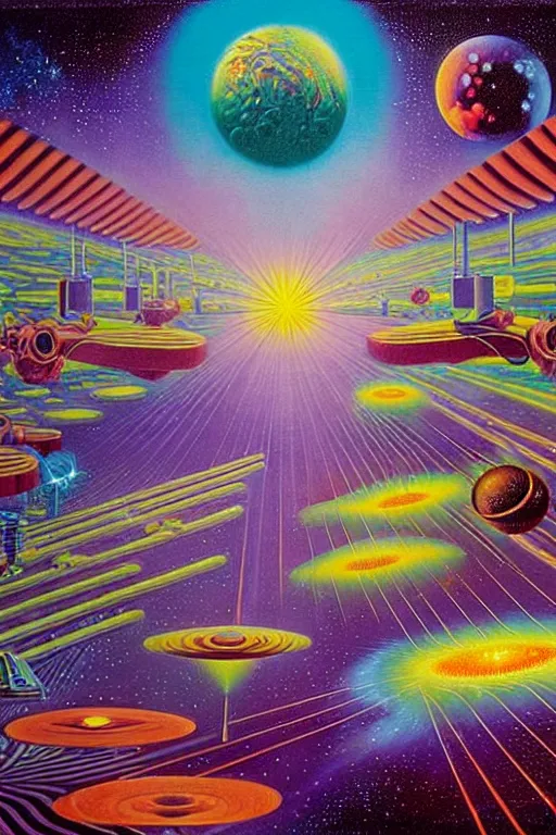 Prompt: a beautiful future for reality simulation, scientists and space flowers, utopian, by david a. hardy, wpa, public works mural, socialist