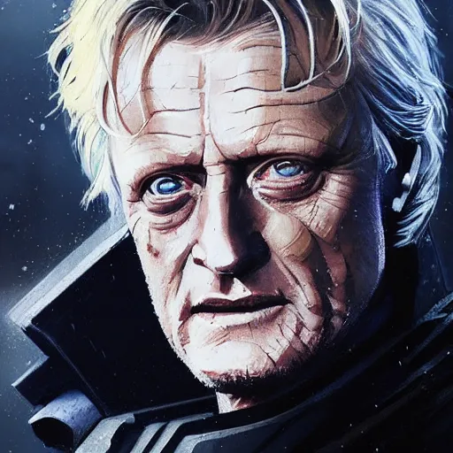 Image similar to star wars portrait of a rutger hauer by greg rutkowski, jacen solo, very sad and relucant expression, wearing a biomechanical suit, scifi, digital painting, artstation, concept art, smooth, artstation hq.