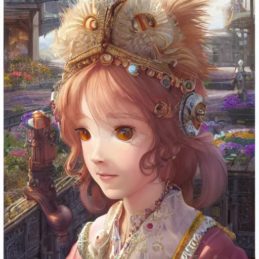 Image similar to character portrait of the capybara princess with gorgeous detailed eyes in the marketplace in the sky, color page, tankoban, 4 k, tone mapping, doll, akihiko yoshida, james jean andrei riabovitchev marc simonetti, yoshitaka amano, long hair, curly, greater capybara, giant cavy rodent, h. hydrochaeris