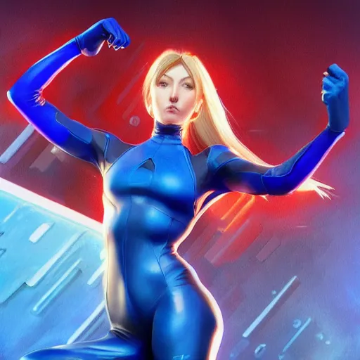 Image similar to Samus Aran in her blue skintight suit highly detailed, digital painting, artstation, concept art, sharp focus, illustration, cinematic lighting, art by artgerm and greg rutkowski and alphonse mucha