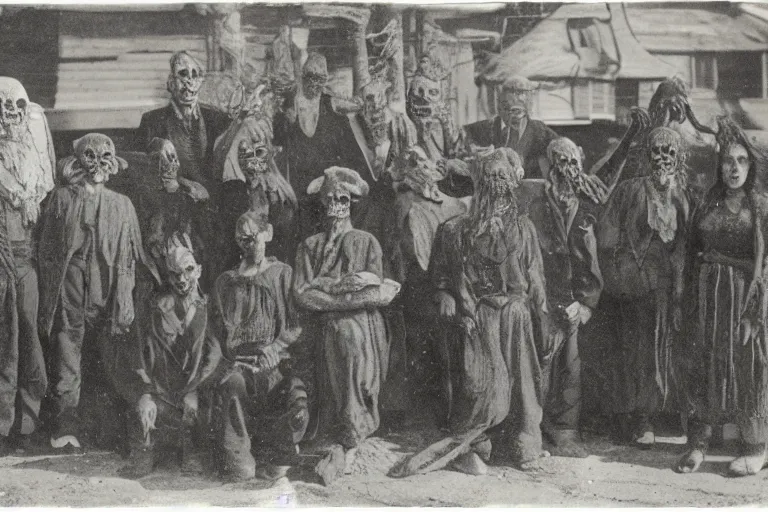 Prompt: port town of innsmouth villagers, eldritch, ominous, photorealistic, scary horror old photo