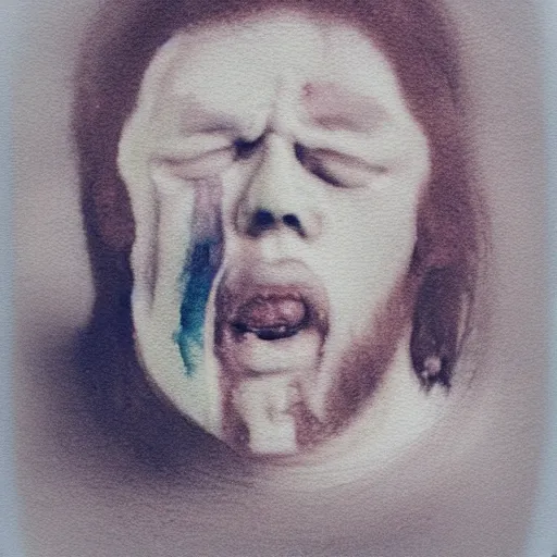 Image similar to a liquid white clay porcelain portrait of a dude face melt down flow go runny, realistic detailed watercolor polaroid, grainy image, contrast