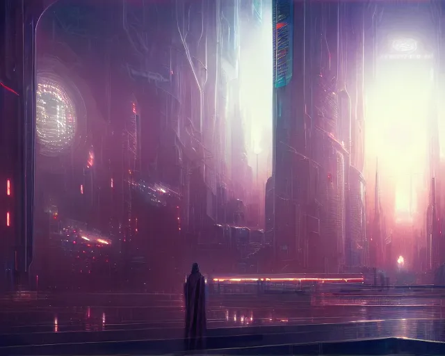 Image similar to jesus christ in futuristic city, detailed intricate illustration, dark atmosphere, detailed illustration, hd, 4 k, digital art, overdetailed art, by greg rutkowski, by loish, complementing colors, trending on artstation, deviantart