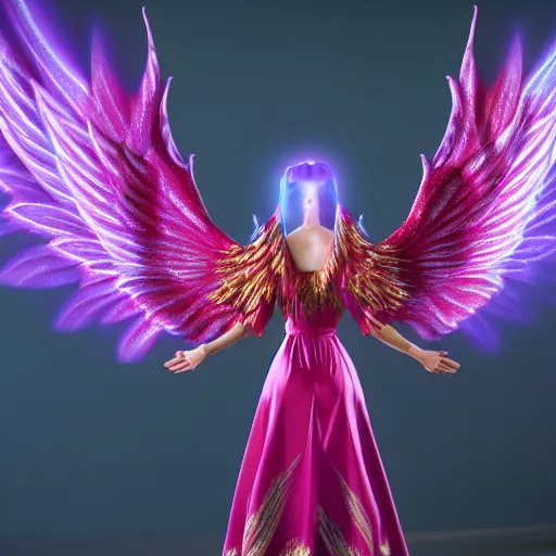 Image similar to a beautiful orchid phoenix angel woman, in an ornamented dress with large wings, photorealism, octane, unreal engine, volumetric light, god rays, 8 k high resolution, rubies