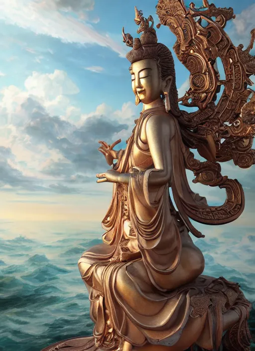 Image similar to guanyin stand on big loutus, a godness of the southern seas, a realistic setting with muted colors, visual novel cover, by yoshitaka amano, zeng fanzhi, jane hamilton, tiffany studios, sunrays shine uponit, frostbite 3 engine, cryengine, dof, trending on artstation, digital art, fantasy detailed background