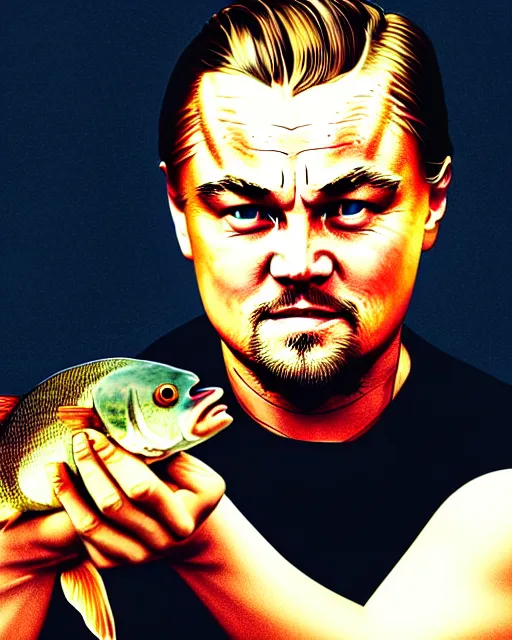 Image similar to photograph of leonardo dicaprio holding a carp in his both hands. movie poster, illustration by bartek fedyczak, erak note, tooth wu, neil richards, kan liu, siwoo kim, jisu choe, trending on art station