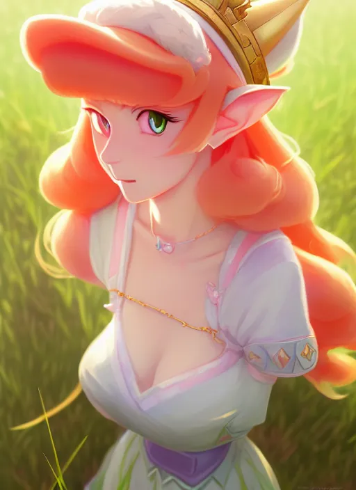 Prompt: portrait of princess peach in legend of zelda style, finely detailed features, closeup at the faces, perfect art, in a grass field, gapmoe yandere grimdark, trending on pixiv fanbox, by greg rutkowski, makoto shinkai, takashi takeuchi, pixar, nintendo